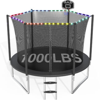 CITYLE Trampoline 10FT for Kids and Adults with Lights, 1000LBS Weight Capacity, Heavy Duty Outdoor Trampolines with Basketball Hoop and Enclosure Net for Backyard, Birthday Gift