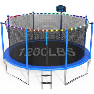 CITYLE Trampoline 12FT Trampoline for Adults and Kids, 1200LBS Outdoor Trampolines with Lights, Basketball Hoop and Enclosure Net, Heavy Duty Trampoline, Easy to Install & Last Long, Birthday Gift